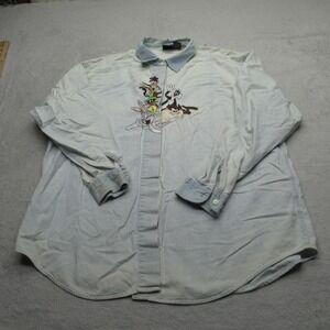 Warner Bros Looney Tunes Shirt Men XL Blue Stripe Embroidered VTG 90s Distressed
